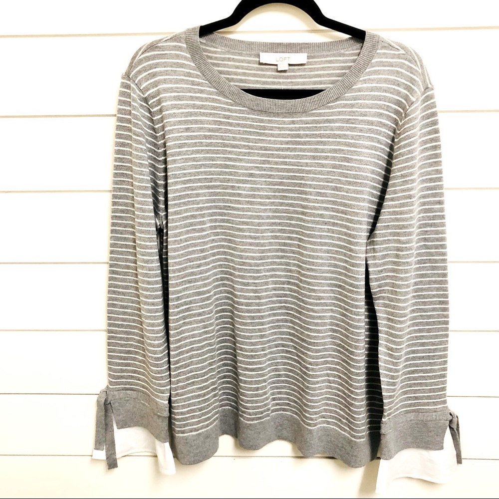 🆕 Loft Grey and White Striped Wool Blend Tie Sleeve Sweater Size XL NWT